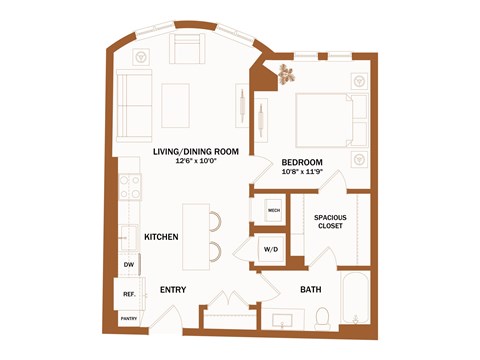 A floor plan of a house with a living/dining room, kitchen, entry, bath, bedroom, and spacious closet.